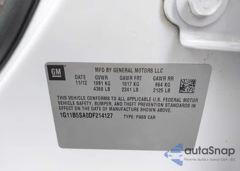 2013 Chevrolet Malibu 1Ls из США, поврежденный, VIN 1G11B5SA0DF214127